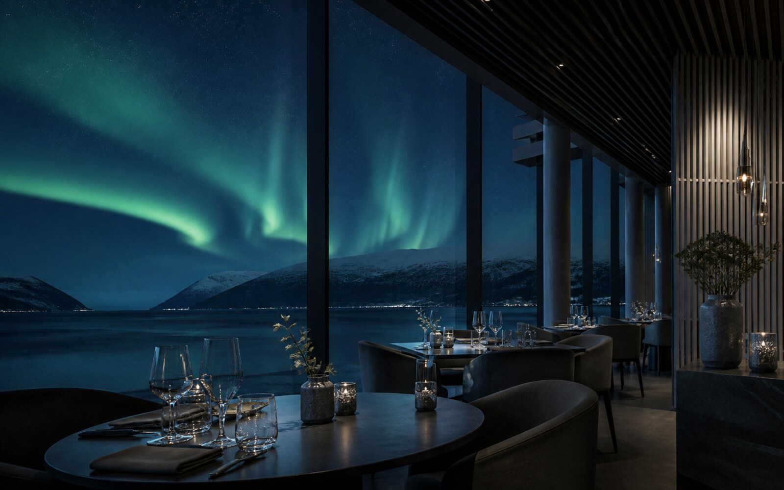 Rolig restaurant med mørke blågrønne toner og speilende flater