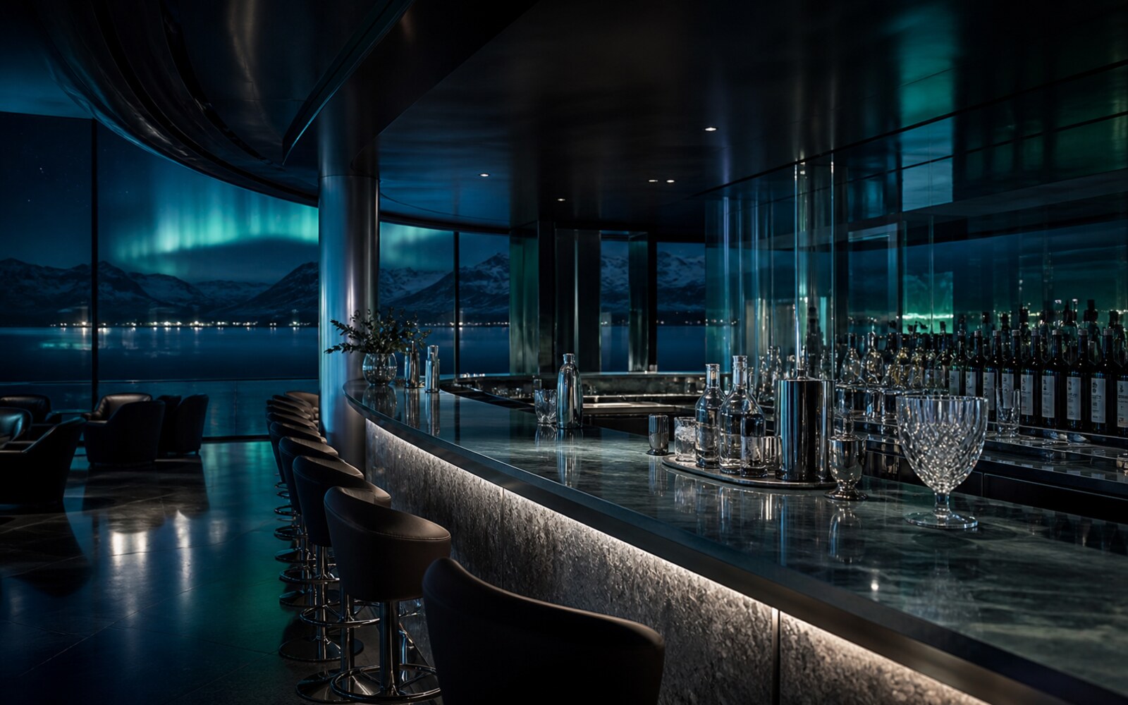 Reflekterende bar med blågrønt lys inspirert av nordlyset